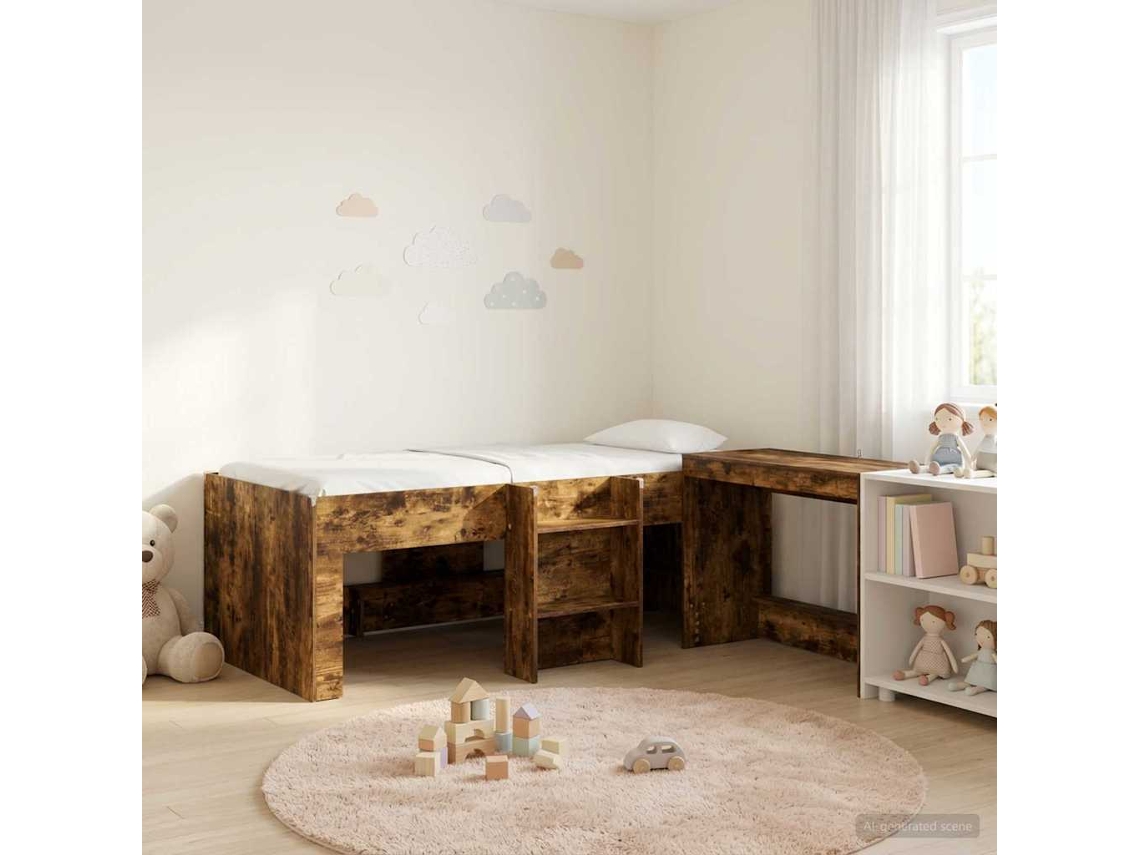 Vidaxl Cama Alta Para Crianças Com Mesa 2 Unid. Carvalho Fumado
