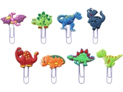 Conjunto de 8 clipes de papel em PVC no formato de dinossauro para marcar documentos e cadernos, perfeitos para crianças e para estimular a criatividade na mesa.
