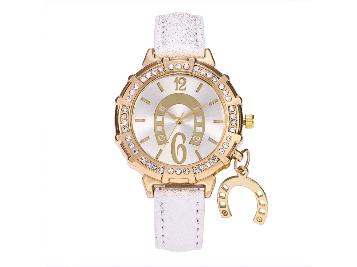 Relógio de Pulso Feminino Zhoulianfa de Quartzo com Pulseira de Couro Pu e Pedras Preciosas Branco