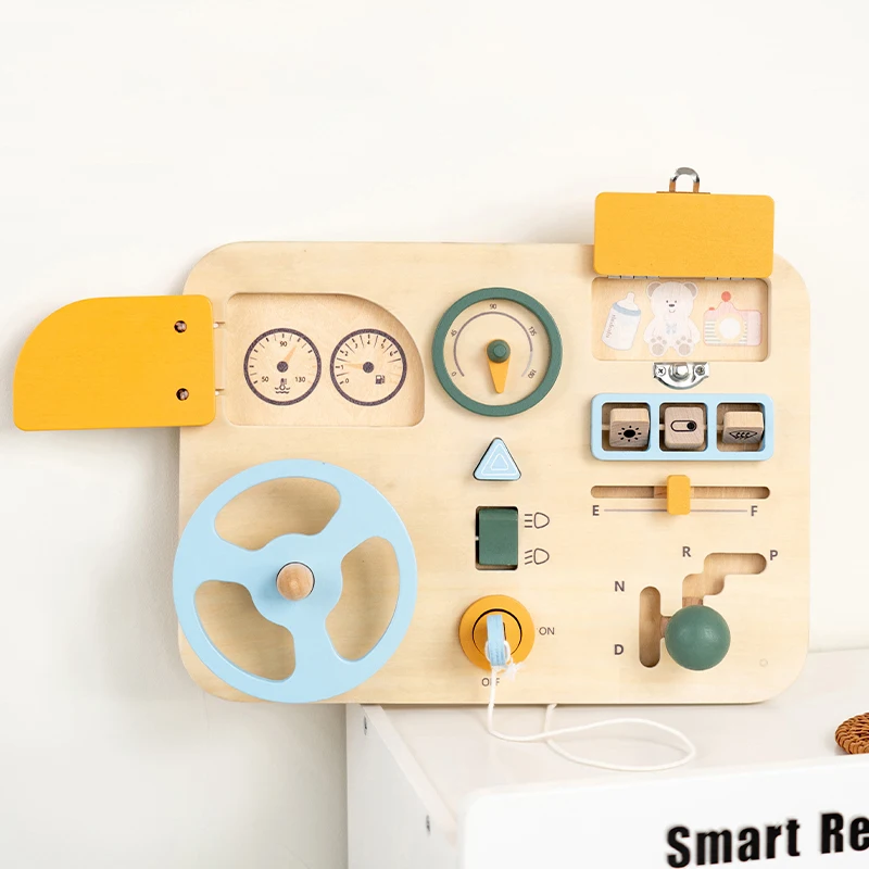 Carrinho de Atividades Madeira - Brinquedo Educativo Montessori com Volante, Painel e Elementos Interativos