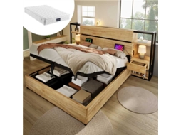 Cama Em Madeira 160x200 Cm - Cama Hidráulica Com Arrumação, Cabeceira Com Gavetas, Carvalho (com Colchão)