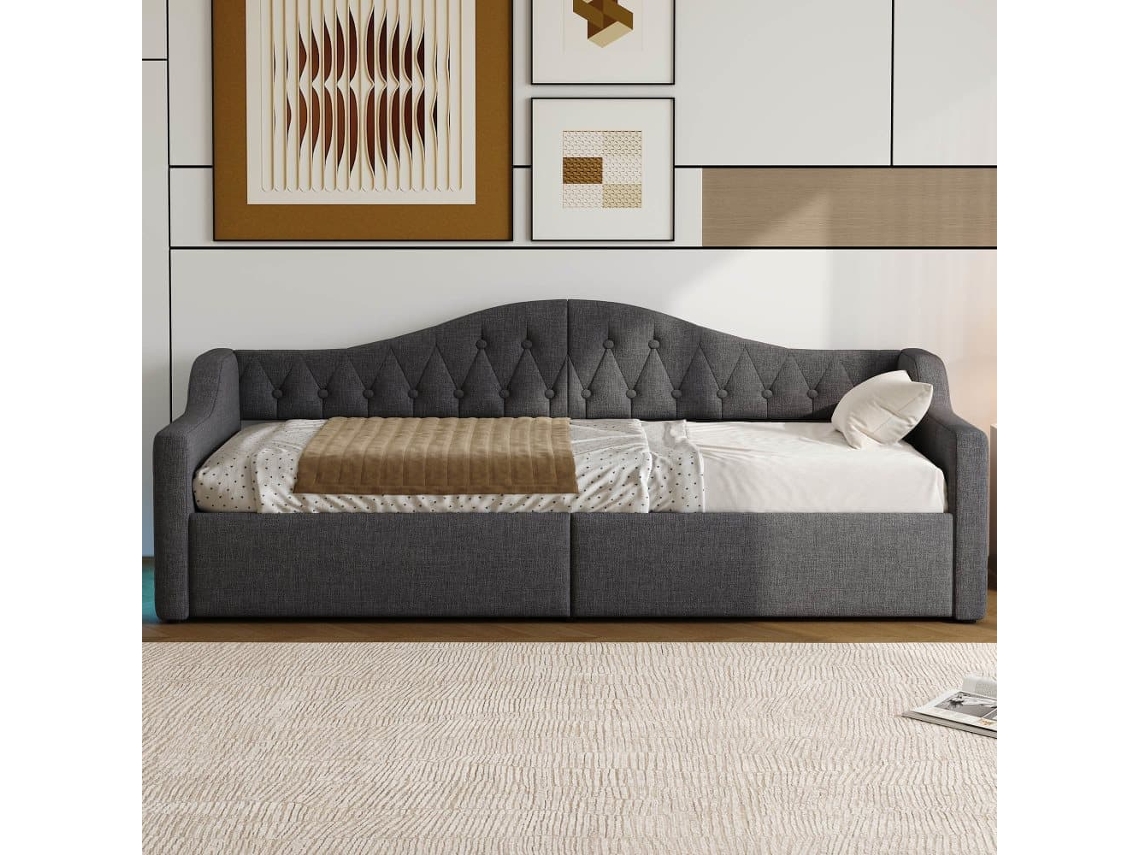 Cama De Dia 90x200 - Estofada Com Led E Arrumação - Cinza