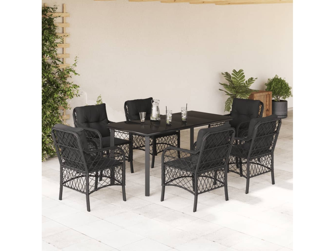 7 Pcs Conjunto De Jantar P/ Jardim C/ Almofadões Vime Pe Preto Dkd Home Decor
