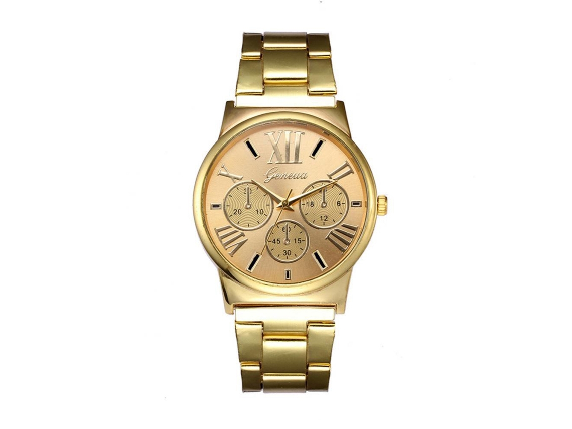 Relógio de pulso masculino vintage clássico, analógico, quartzo, aço dourado.