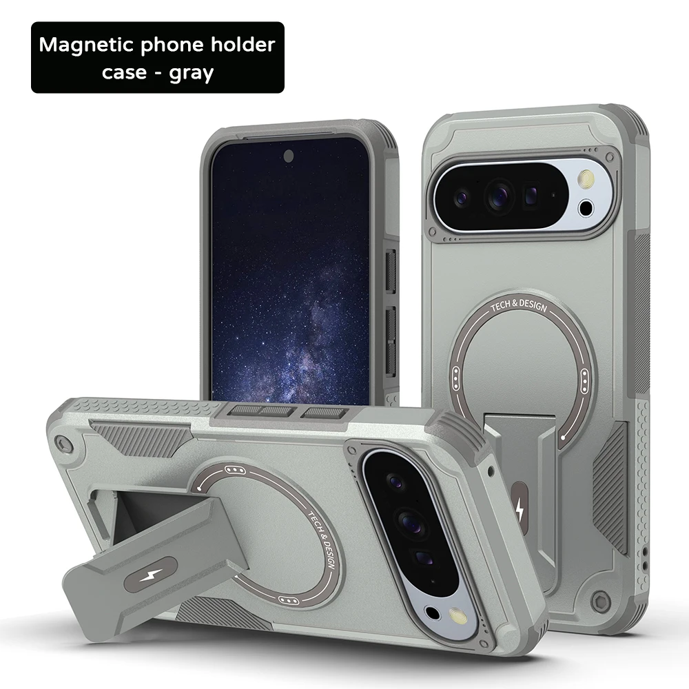 Capa Para Celular Com Suporte Magnético (pixel 10 Pro Xl Cinza), Carregamento Sem Fio, Resistente E Durável.