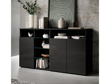 Aparador Melinda Com Luzes Led 150x82x40 Cm Preto Brilhante Design Moderno Fabricado Em Espanha Domensino