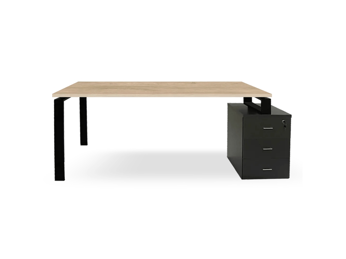 Mesa Cinza Grafite Com Gavetas. Estrutura De Metal Preta. 75 X 175,5 X 80 Cm. Tampo Em Carvalho. Ofilike