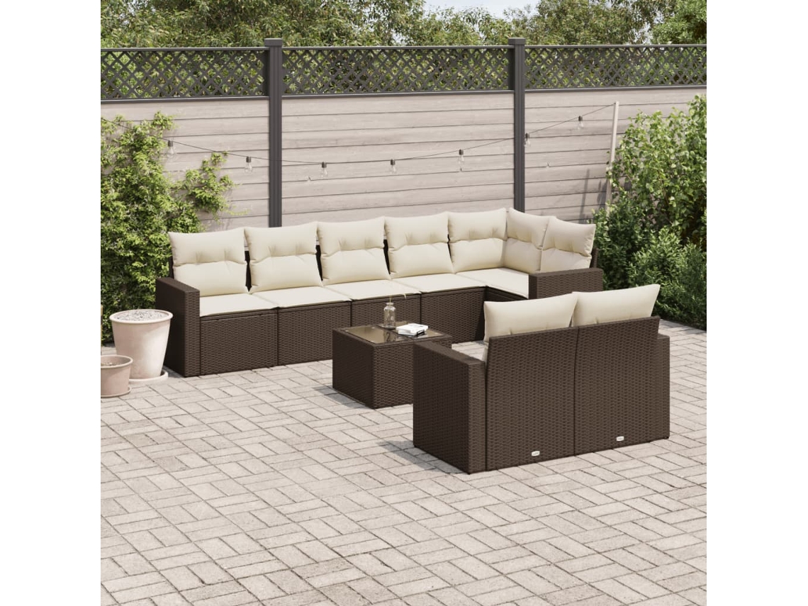 Vidaxl 9 Pcs Conjunto Sofás P/ Jardim C/ Almofadões Vime Pe Castanho