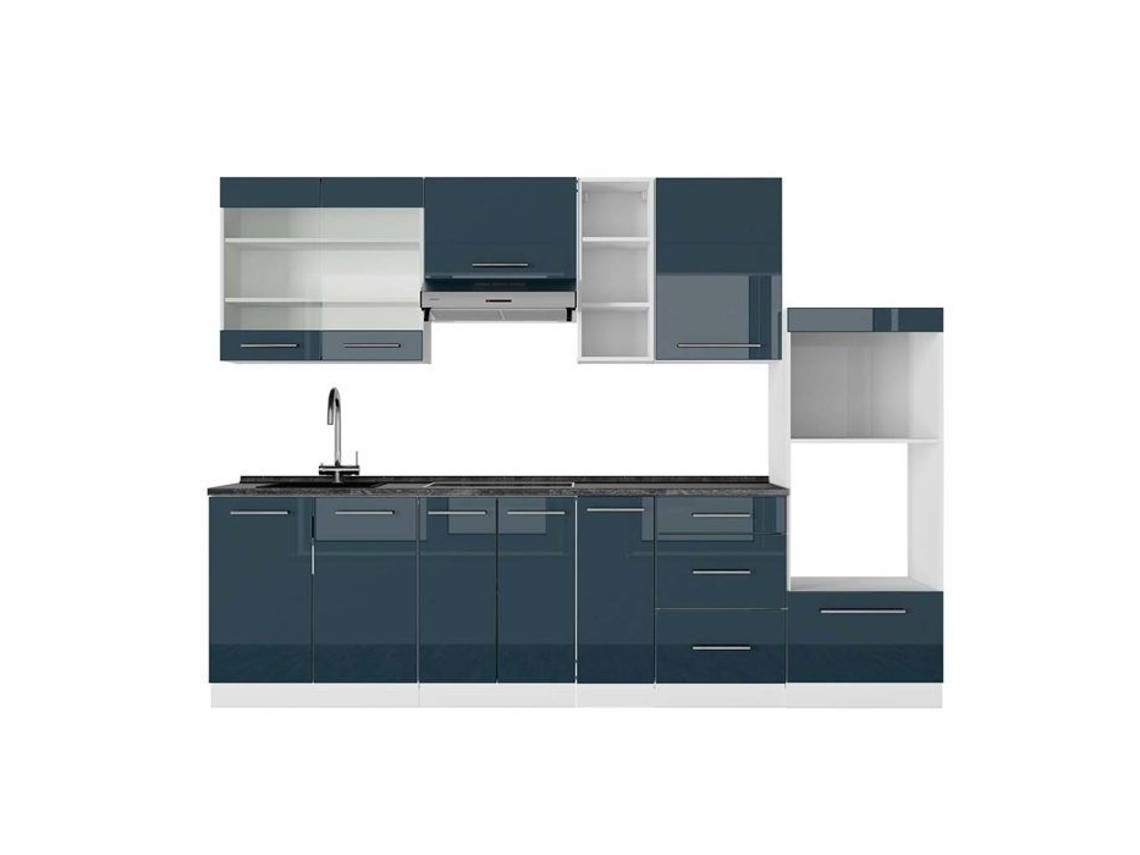 Cozinha Fame-Line, 280 cm, PT Antracite, azul escuro brilhante/branco, VICCO