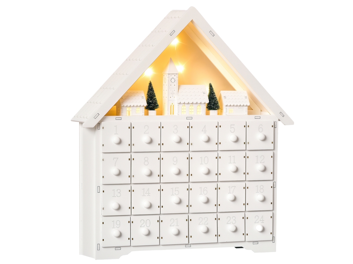 Calendário do Advento de Madeira para Preencher com 24 Gavetas e Vila de Natal com Árvores e Luzes, 39x9x42cm Ge