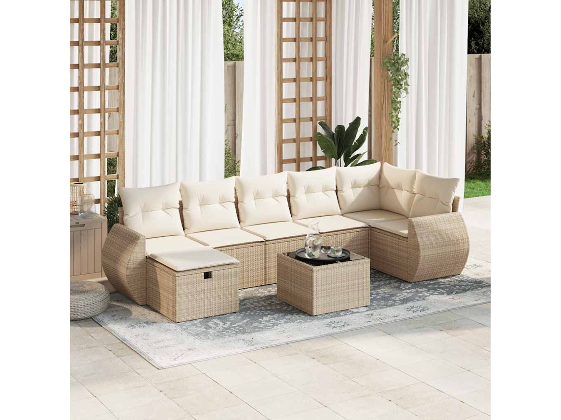 Vidaxl 8 Pcs Conjunto De Sofás P/ Jardim Com Almofadões Vime Pe Bege