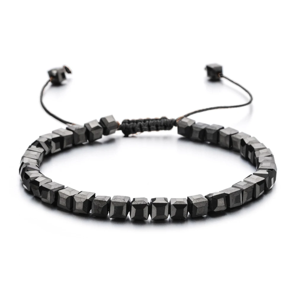 Pulseira Quadrada Com Contas De Cristal E Cordão Trançado Ajustável.