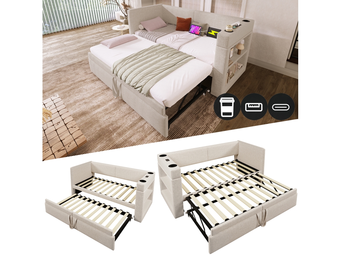 Polstertes Daybett 90x200 Cm Schlafsofa Usb Type-c Porta Copos Bege Sem Colchão