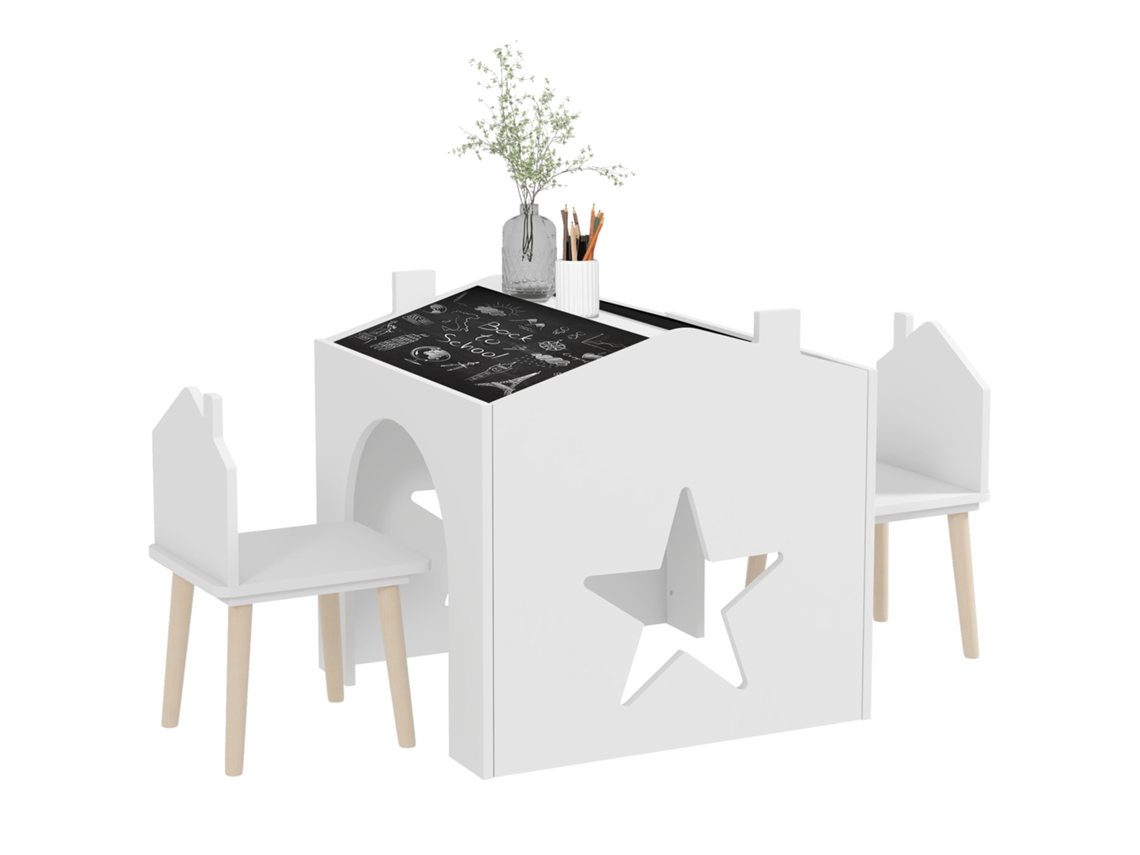 Conjunto De 1 Mesa E 2 Cadeiras, 3 Peças Para Crianças, Superfície De Quadro Negro, Mdf E Pés Em Pinho, Para 3-8 Anos, Branco
