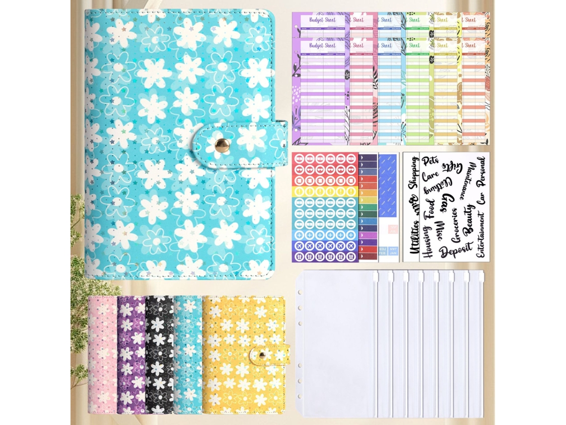 A6 Pu Leather Starry Flower Budget Planner Cover With Cash Envelope System Blue, Includes 12-budget Cards, 8-bill