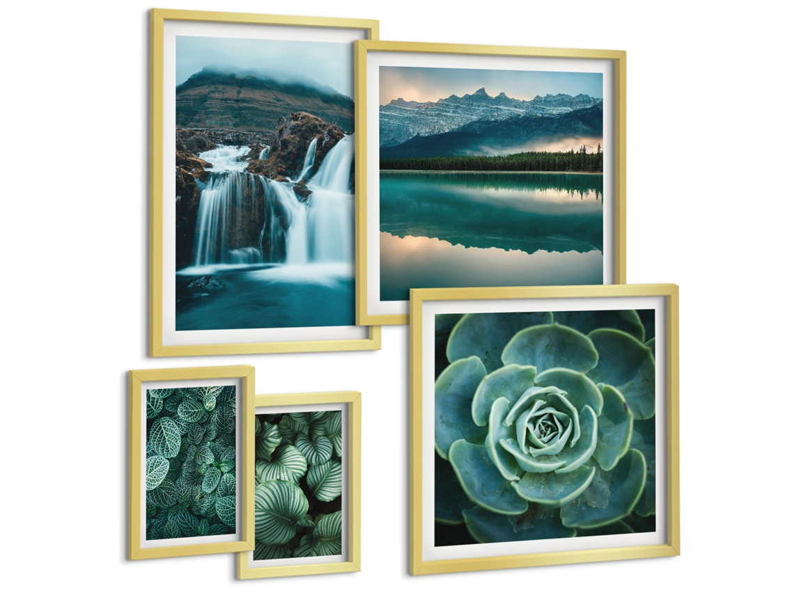 Pinturas Murais Modernas Montanhas, Lago, Lobo, Natureza Moldura Dourada Fotos Para O Escritório Espelharte (conjunto De 5 Imagens)