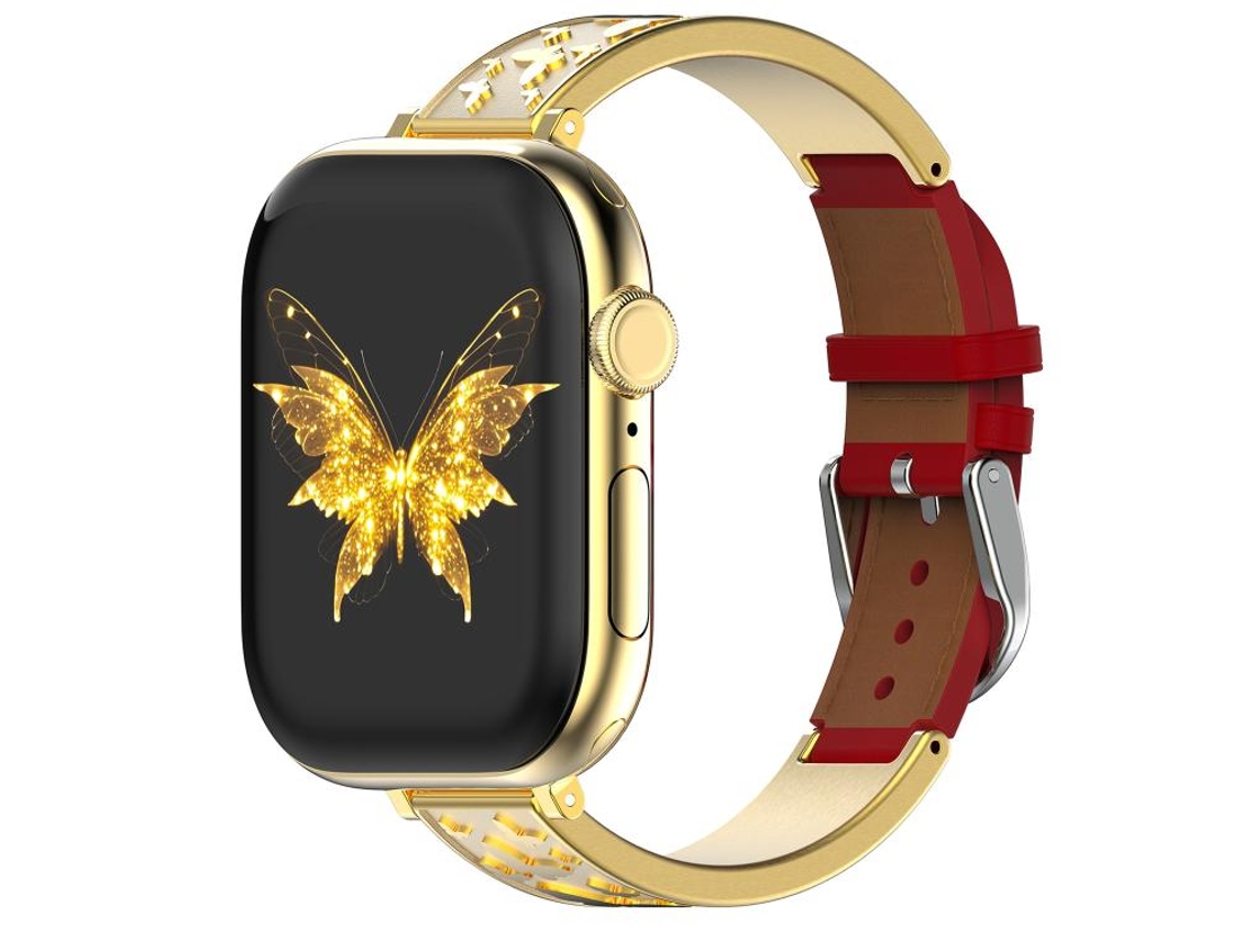 Bracelete Para Apple Watch 46/49/45/44mm - Híbrida Butterfly: Aço Inoxidável E Couro Genuíno Dourada + Vermelha
