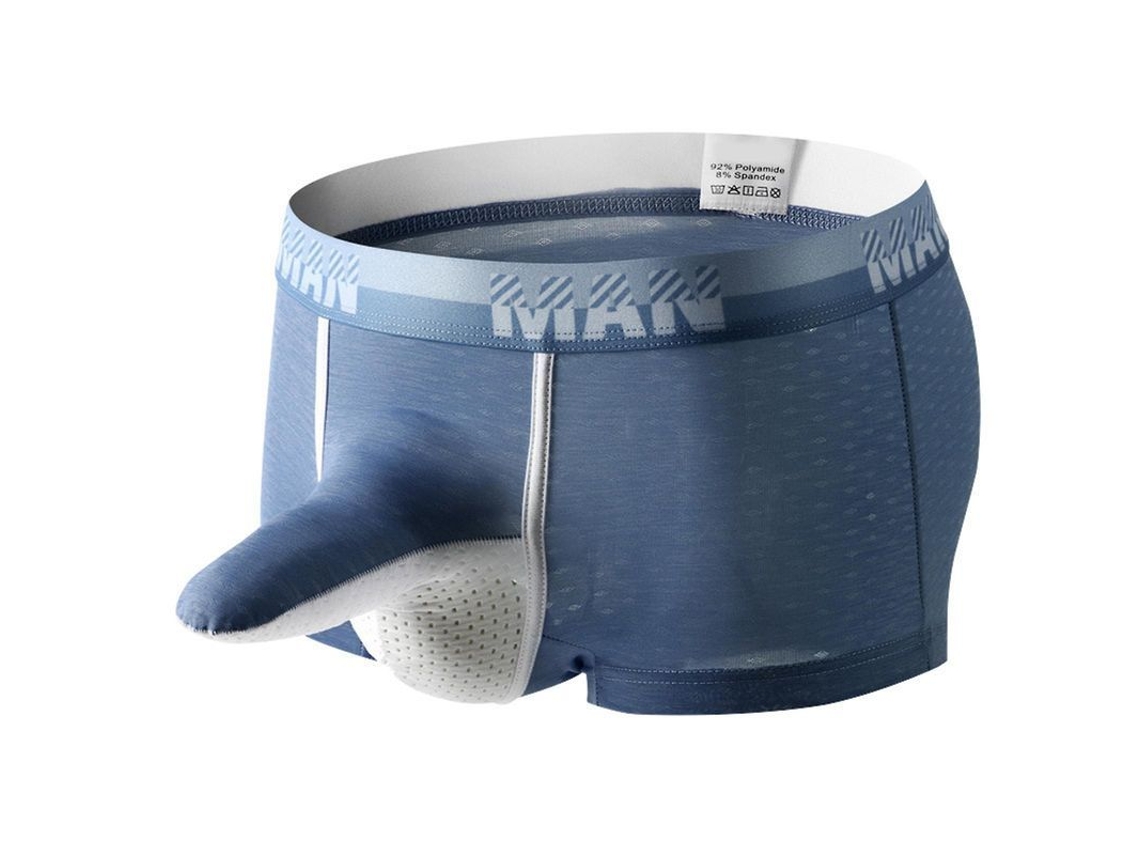 Cueca boxer masculina sexy Fianao Longjiang com formato de nariz de elefante convexo, confortável e respirável para o quarto, azul acinzentado, tamanho P