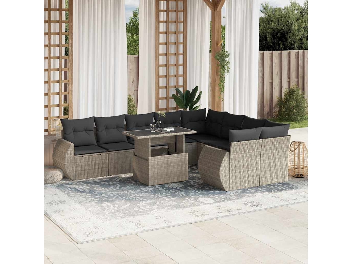 Vidaxl 10 Pcs Conj. Sofás Jardim Com Almofadões Vime Pe Cinzento-claro