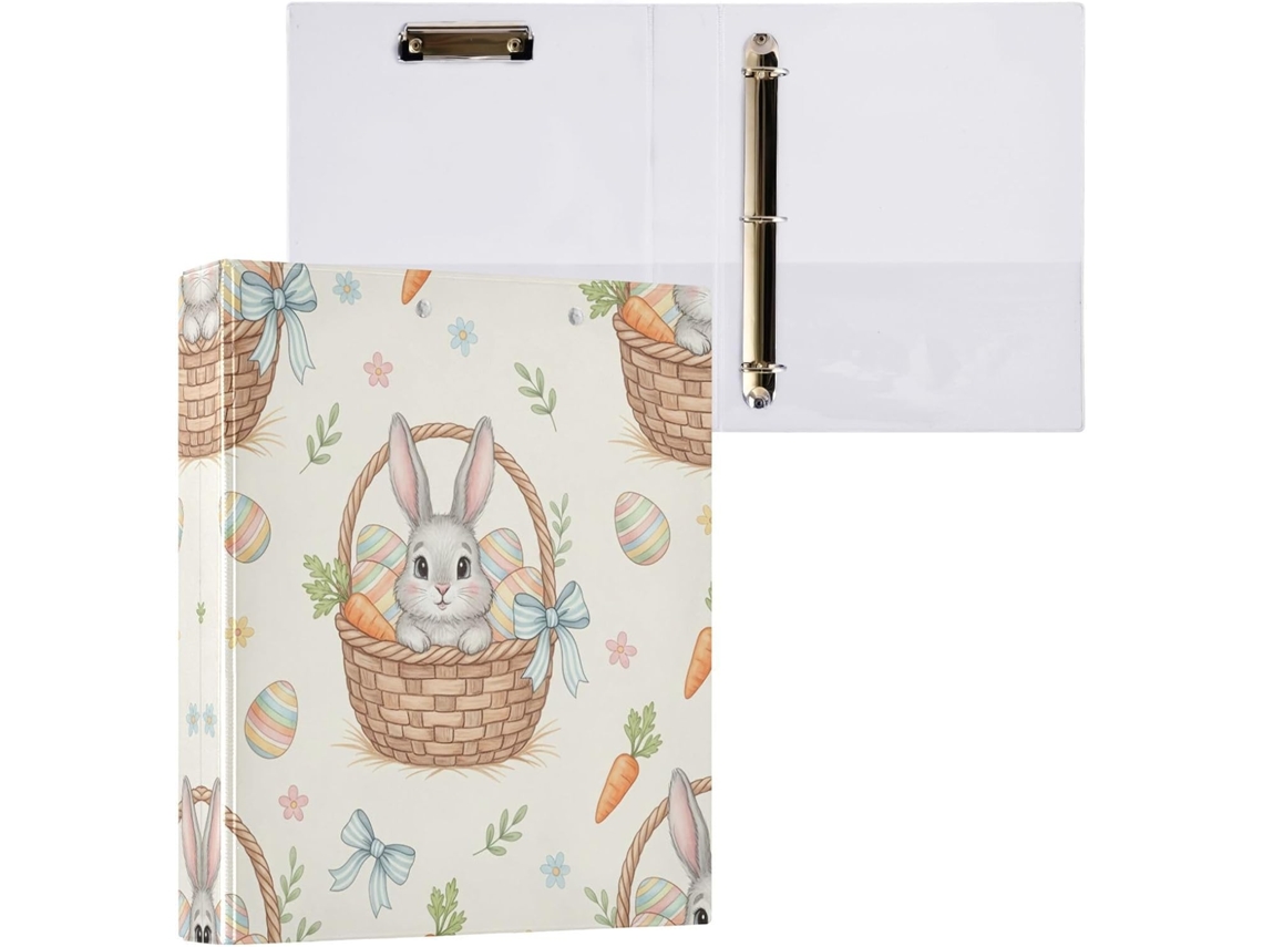 Pasta de 3 Argolas para Papel Tamanho Carta , Coelhinho da Páscoa Redondo e Fofo com Porta pra (27,9 X 21,6 Cm)