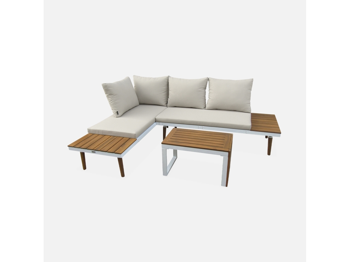 Conjunto De Jardim Com Sofá Modular Em Alumínio E Acácia, 4 Lugares, Branco E Bege