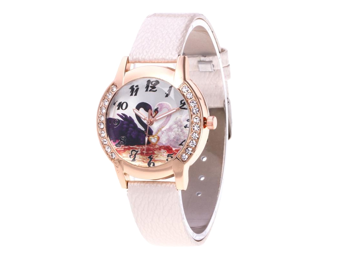 Relógio de Quartzo com Pulseira de Couro Pu e Mostrador Decorado com Diamante Imitado para Garota (branco)