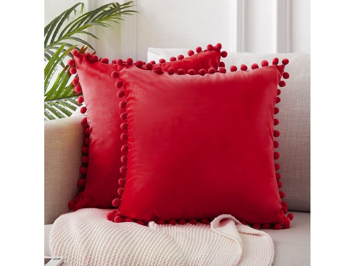 Nova Line capas de Almofada Decorativa Quadrada de Veludo Macio 18x18 com Bolas para Sofá Cama, Conjunto de 2