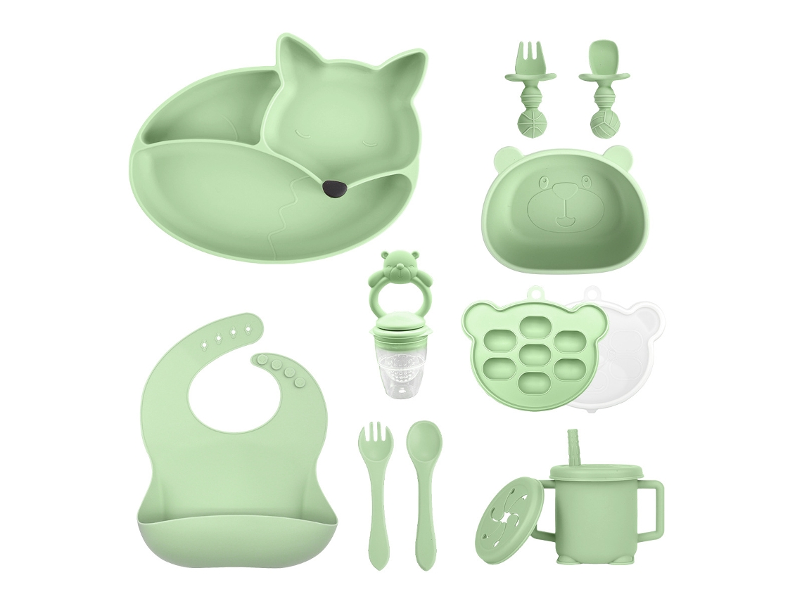 Conjunto de Talheres Bebé EIFSON 6+ Meses Prato Raposa Ventosa + Talheres (verde)