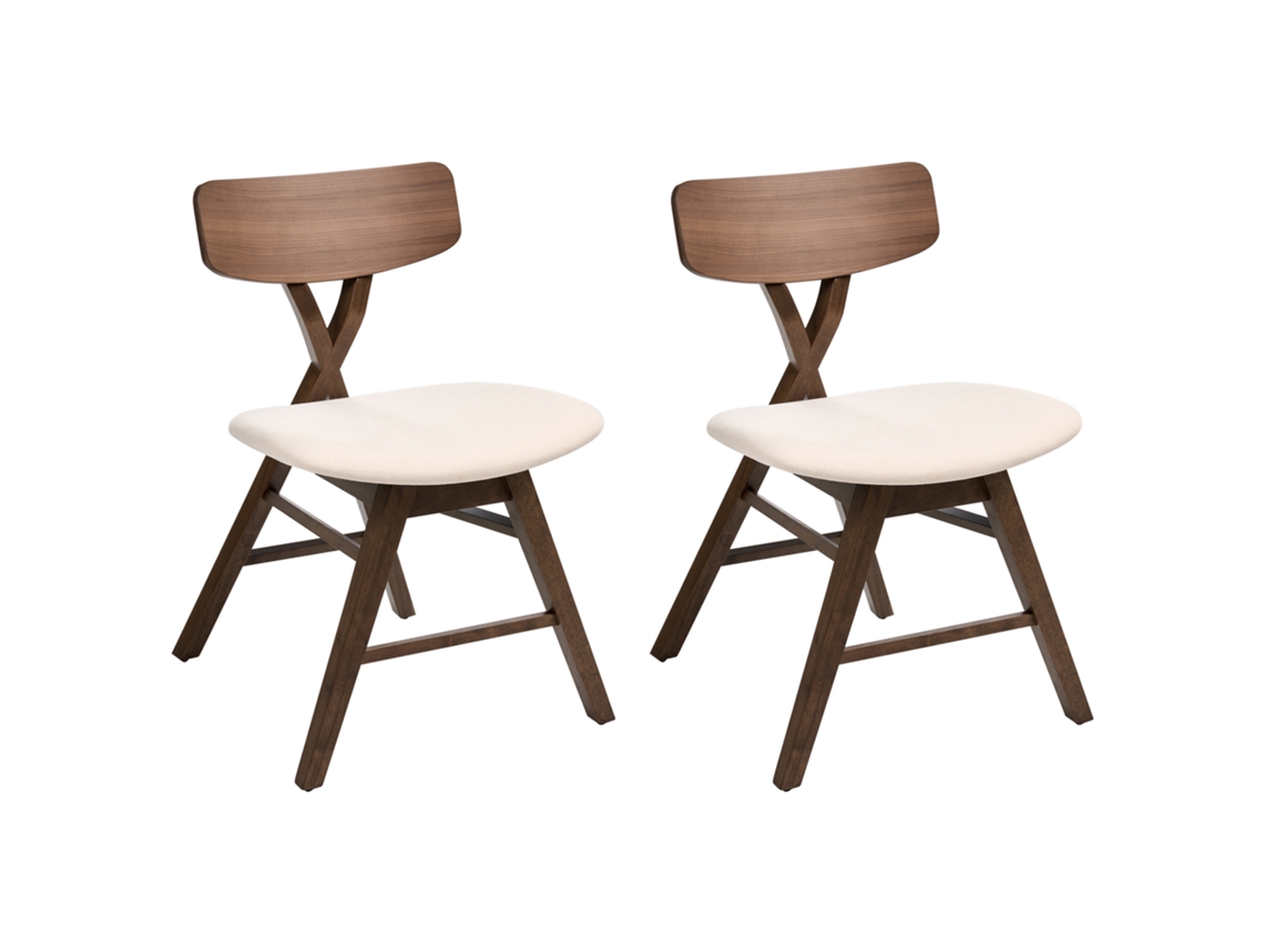 Conjunto De 2 Cadeiras De Refeição Com Assento Almofadado Beliani Leland De Madeira De Seringueira Castanho/branco Creme 52x57x78