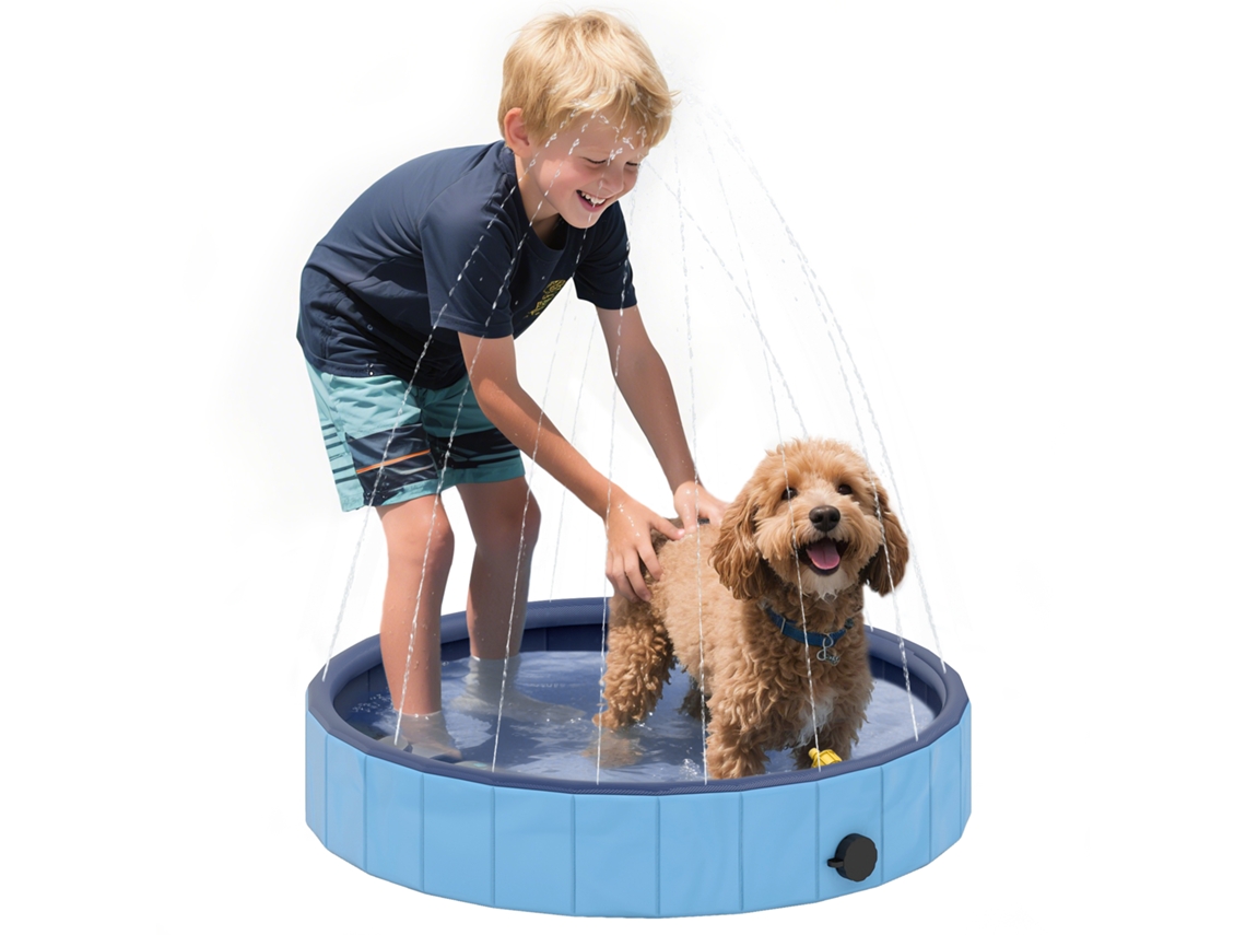 Piscina Dobrável para Cães BTFORUS com aspersor, resistente, Ø80x20cm azul