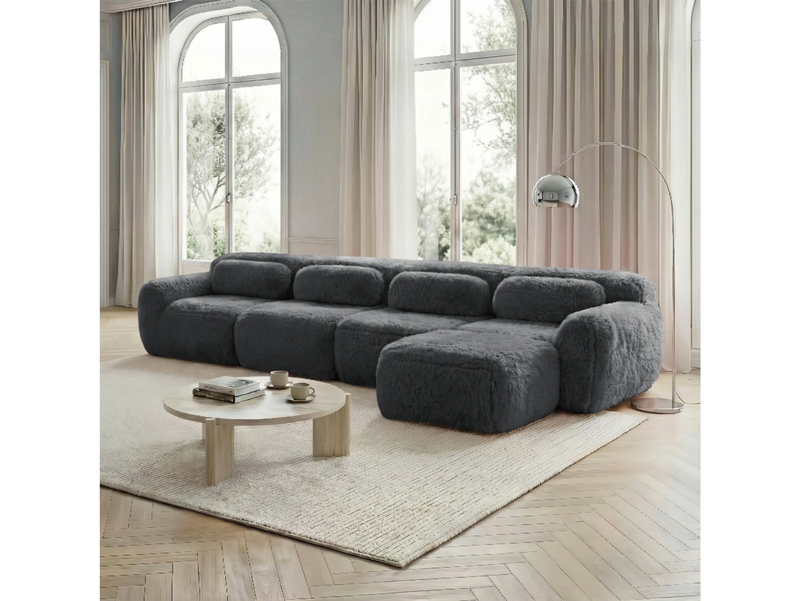 Sofá L 4l Cinza, Modular, Chaise Longue, Tecido Premium, Almofadas, Alta Resiliência.-kd