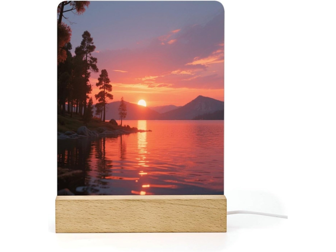 Luminária Noturna Led Com Base, Representando O Pôr Do Sol No Lago Yellowstone, Ideal Banheiro, Corredor, Quarto E
