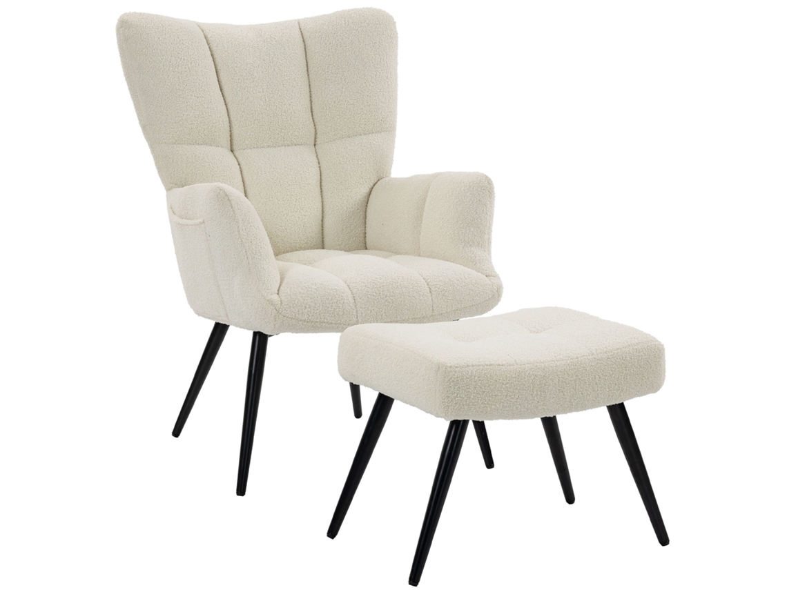 Fauteuil Salon C/ Repose-pied, Capitonné Teddy, Dossier Haut, Poches Latérales, Beige