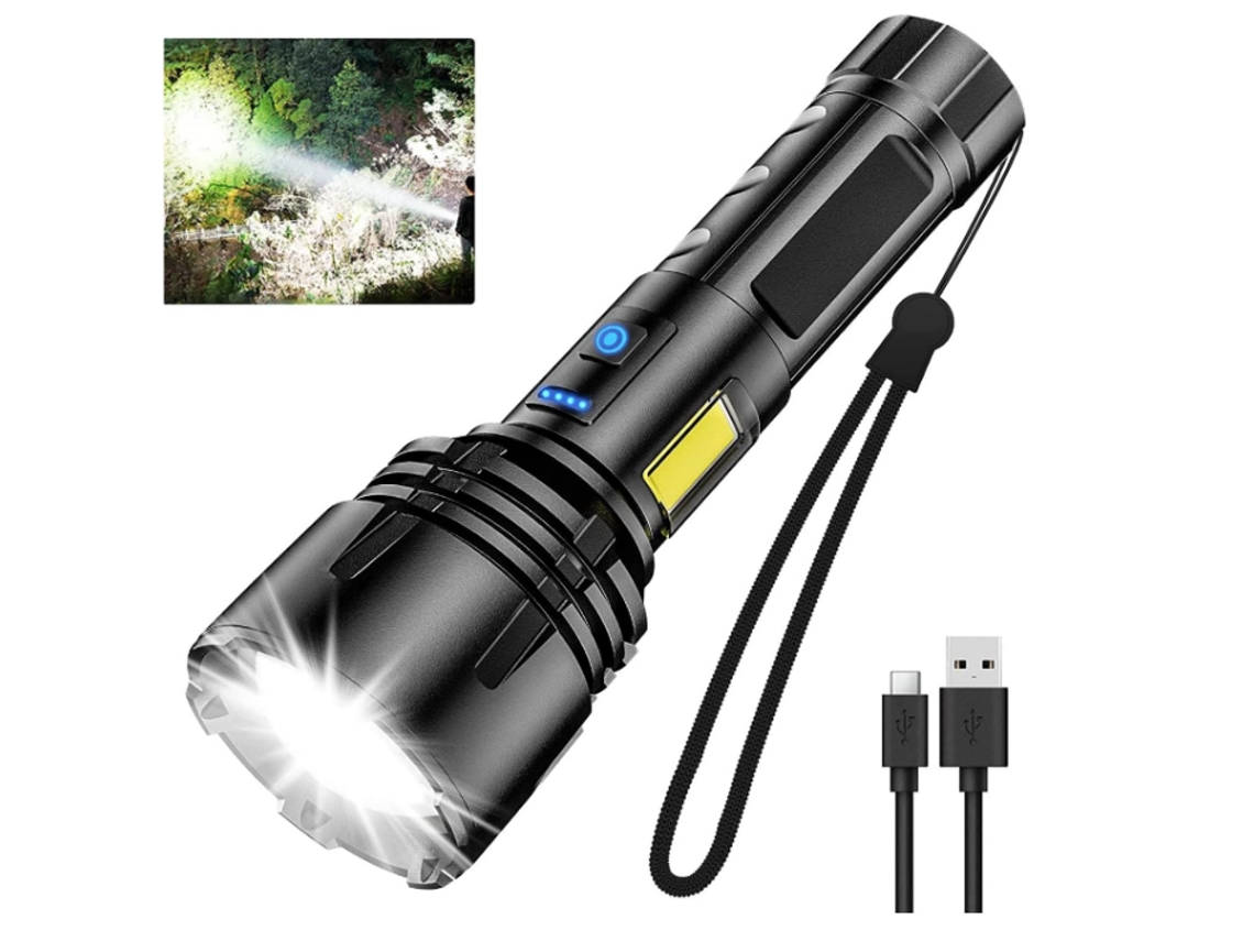 Lanterna Recarregável Poderosa 90000 Lúmens Altos, Xhp70.2 Lanterna Tática Led Super Brilhante De Alta Potência Com Luz Lateral Cob Yizhood (preta)