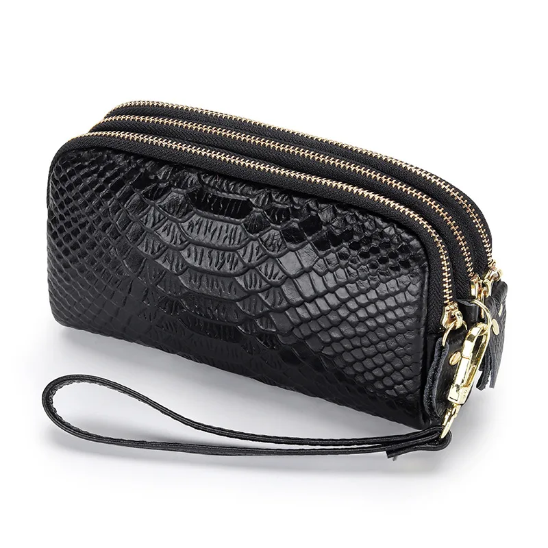Carteira Feminina Em Couro Legítimo Preto, Bolsa De Pulso Longa Com Zíper, Carteira Feminina Moderna Com Estampa De Crocodilo.