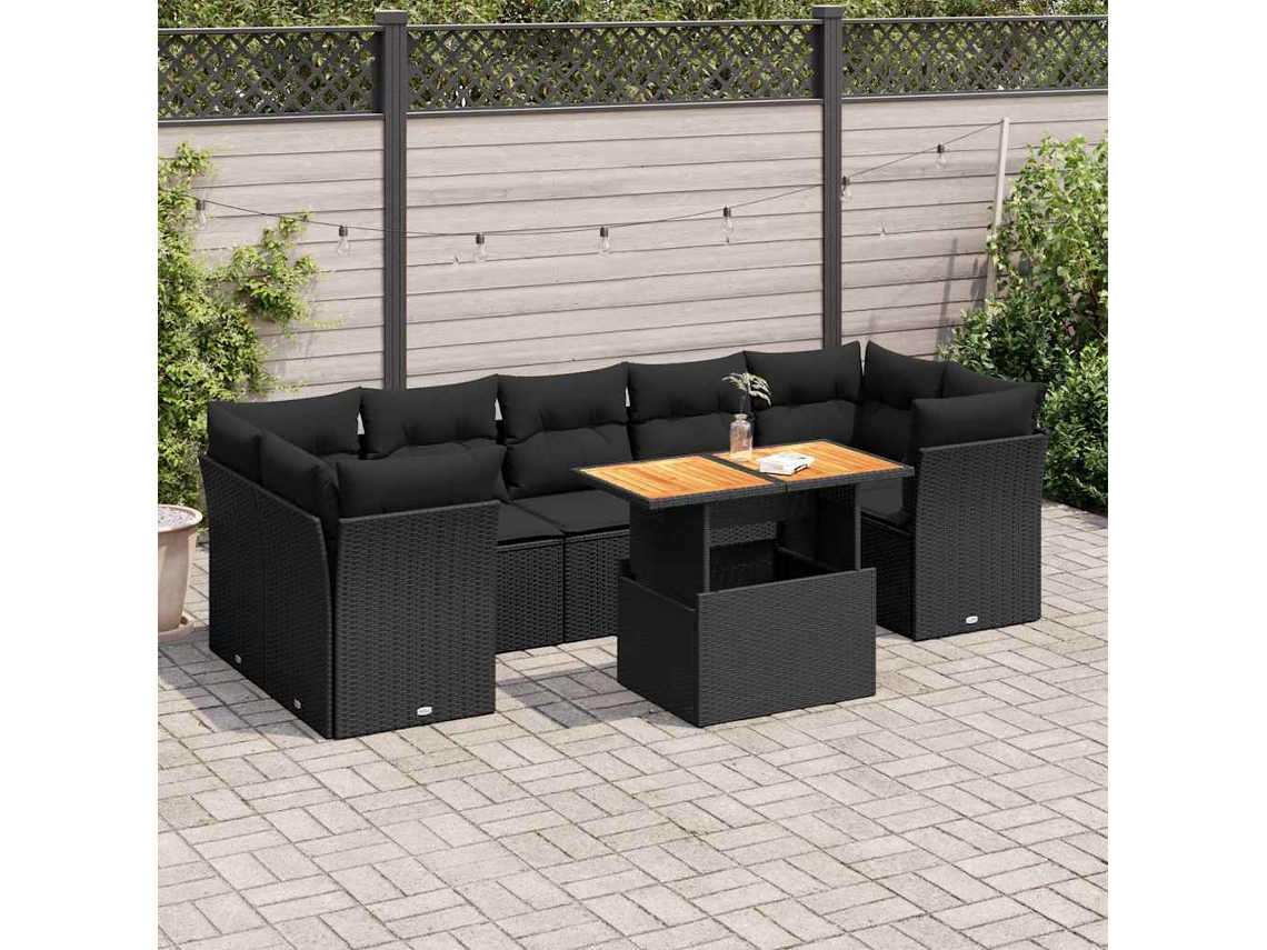 Vidaxl 8 Pcs Conjunto Sofás De Jardim Com Almofadões Vime Pe Preto