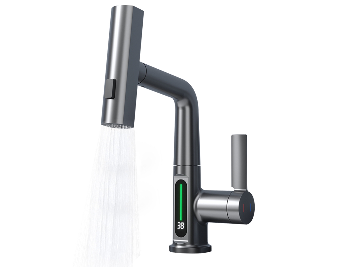 Chuveiro De Cozinha Pulldown Com Display Led, Altura Ajustável E 3 Modos
