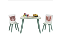 Conjunto Três Peças, Mesa E Duas Cadeiras Infantis 3-8 Anos Motivo Animais Para Quarto E Sala De Jogos Verde