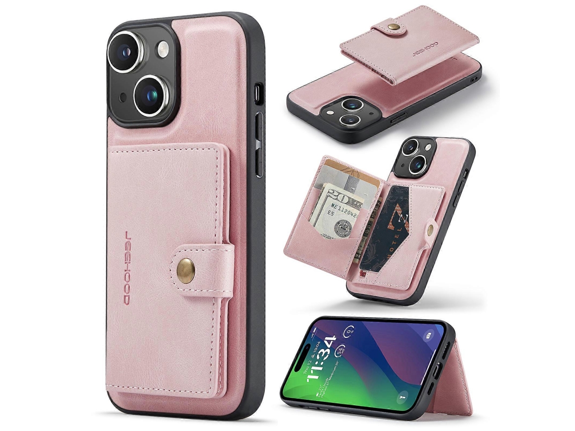 Compre Jeehood J01 Para Iphone 15, Capa Com Suporte Para Cartão, Capa De Couro Revestida Em Tpu, Rosa