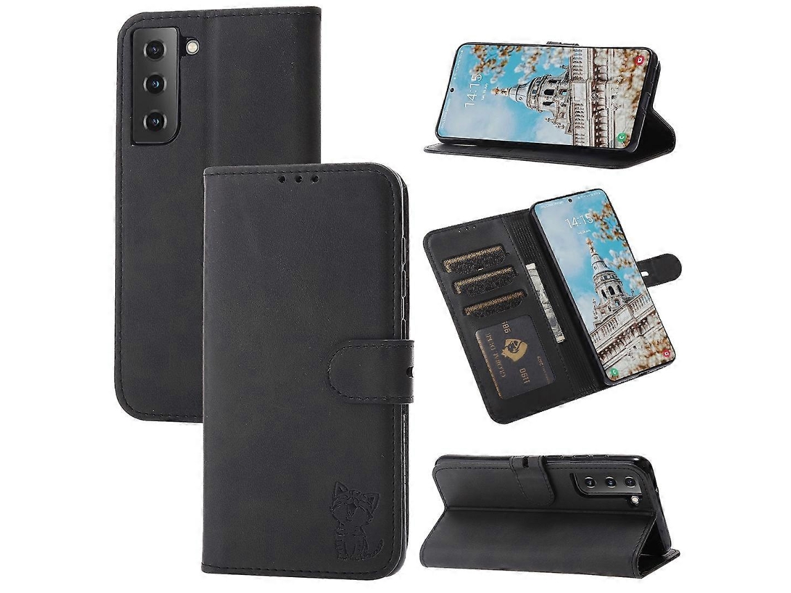 Capa De Couro Com Aba Horizontal, Estampa De Gato Feliz Em Relevo, Para Samsung Galaxy S21 Fe, Com Suporte, Compartimentos Para Cartões E Carteira.