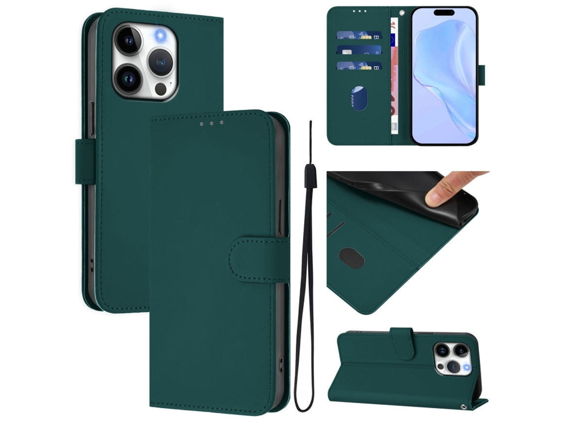 Capa De Couro Sintético Para Iphone 16 Pro - Toque Suave - Cor Sólida - Com Cordão