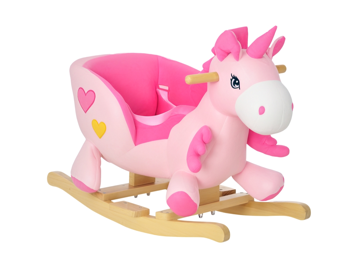 Cavalo De Balanço Unicórnio Com 32 Músicas. Base De Madeira E Cinto De Segurança. Para Crianças De 18 A 36 Meses. Cor Rosa.