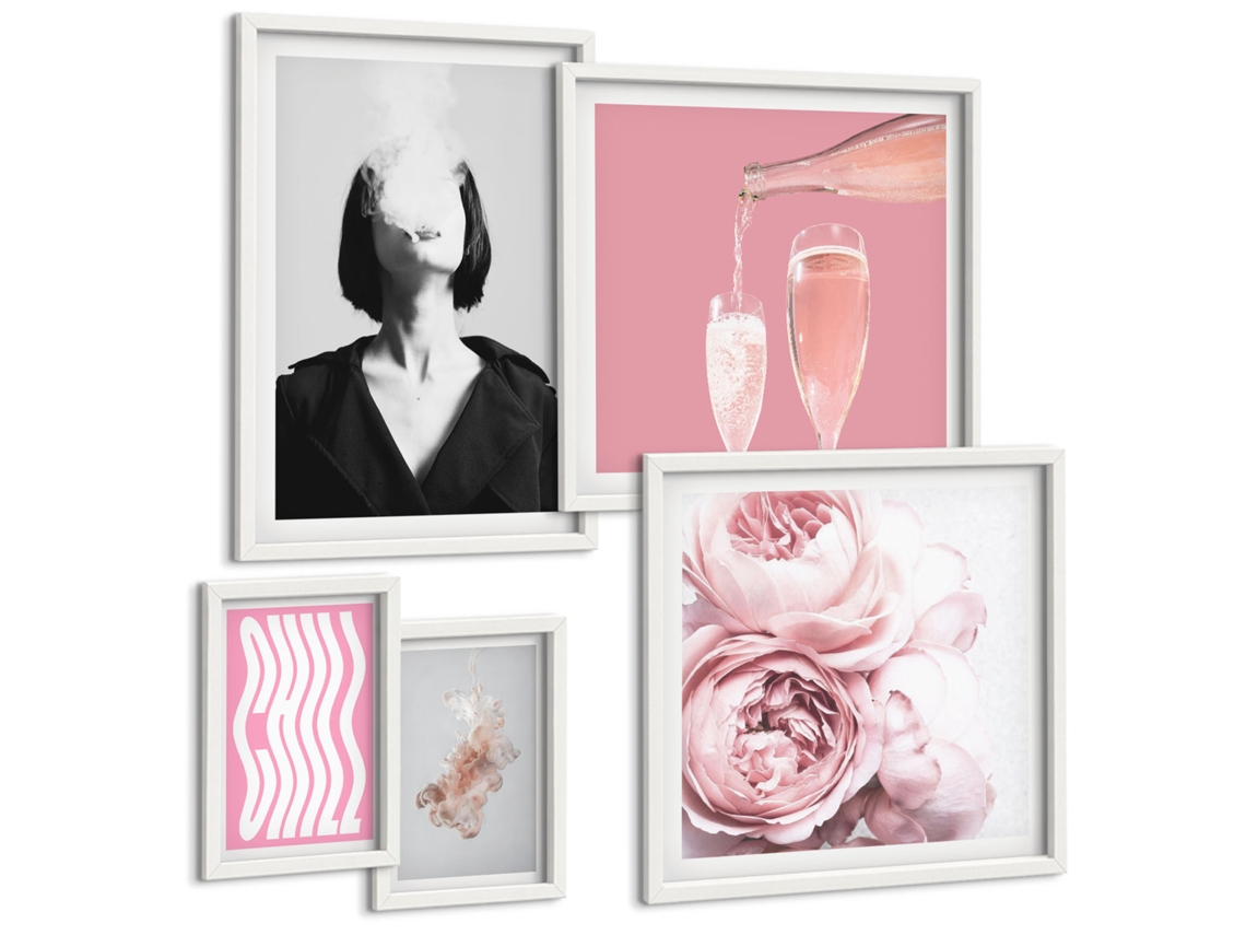 Composição De Quadros Na Parede Retrato Elegante, Champanhe, Relaxamento Moldura Branca Fotos Para O Escritório Espelharte (conjunto De 5 Imagens)