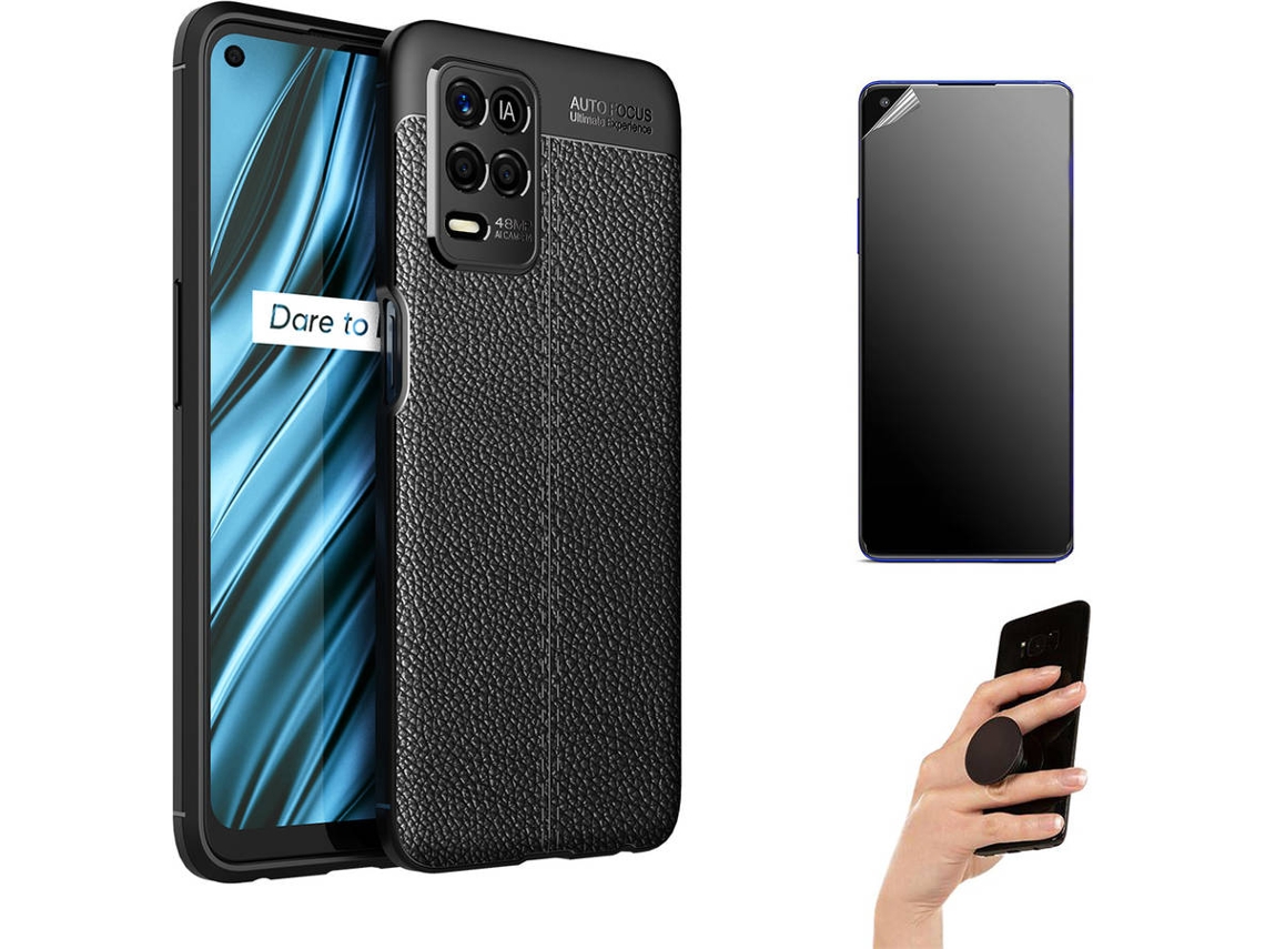Kit Capa e Película Realme 8 4G Ultimatte Rugged Leather e Popsocket Preto