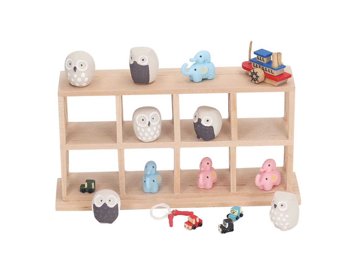 Prateleira Para Casa De Bonecas De Madeira 8 Compartimentos Com Ornamentos Elefante Coruja Barco Carro