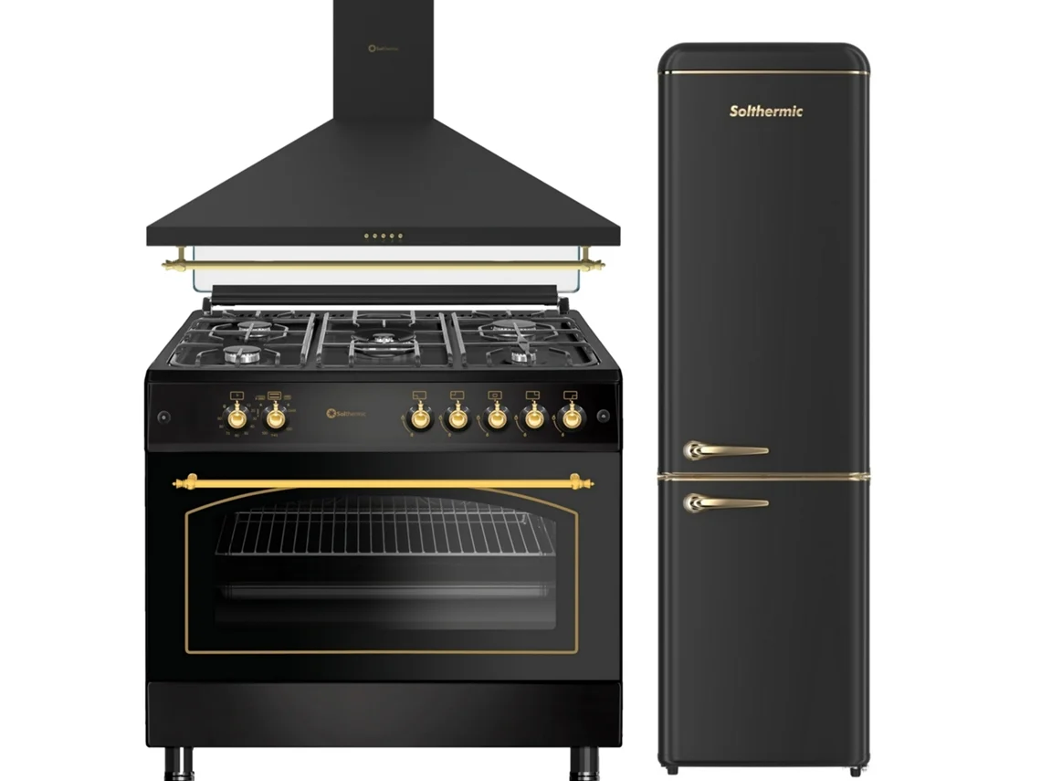 Pack Combinado Solthermic Fogão A Gás Preto Rústico 90x60 Forno Panorâmico Exaustor 90 Frigorífico Combinado Retro 1,88 Fcr188n Preto