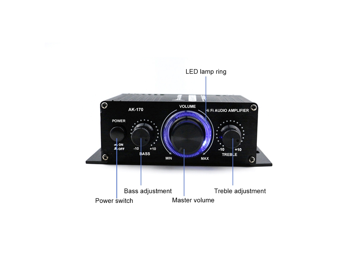 Amplificador Mali de áudio mini digital, 12V, 20W+20W, estéreo, controle de graves, agudos e volume, para carro e casa