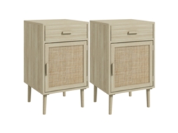 Conjunto de 2 mesas de cabeceira com gaveta de rattan e prateleira ajustável, 40x40x68,5cm, carvalho BTFORUS