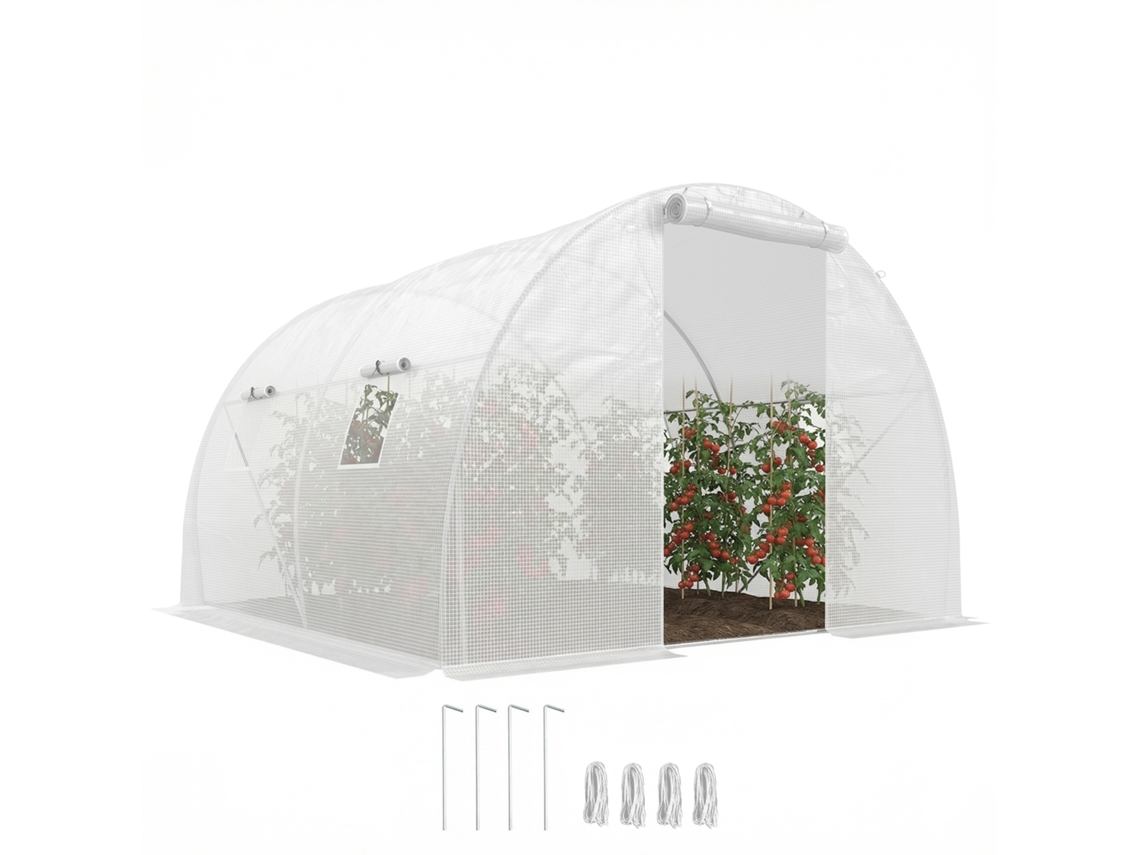Estufa De Jardim Tunnel 9 M² 4 Fenêtres, Porte Zippée Enroulable Châssis Acier Galvanisé, Bâche Pe 3 X 3 X 2 M Blanc