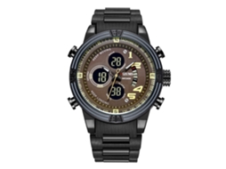 Relógio esportivo eletrônico masculino com pulseira de aço, plástico à prova d'água, preto/marrom
